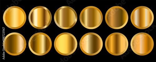 Golden gradients set. Round Circle badge Metallic gold gradients. Elegant gold swatch palette collection. A creative element for your design or logo banner and medal