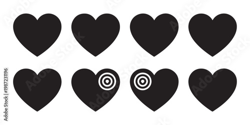 Black heart icon array including target mark symbols for healthcare and emotional vulnerability illustrations.