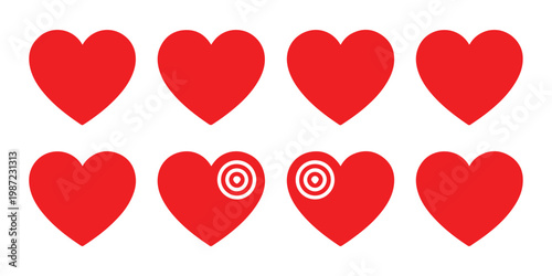 Set of eight red hearts in two rows, four simple hearts and two with a target icon inside heart.
