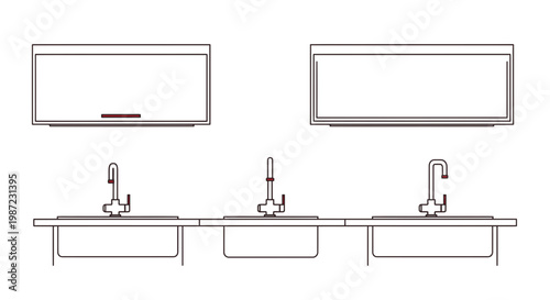 Kitchen Sink and Cabinet Elevation Vector Illustration, Minimalist Interior Design Blueprint for Architectural Planning and Home Renovation Projects
