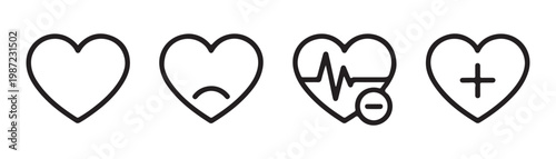 Outline heart icons set with sad face ekg monitor and plus symbol vector.