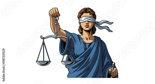 Lady Justice Scales Vector Illustration, Blindfolded Goddess of Law Holding Balance Scales, Legal Concept Graphic for Courtroom and Judiciary Themes