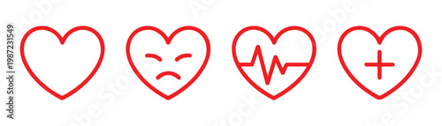 Red outline heart icons set with sad face ekg monitor and plus symbol vector.