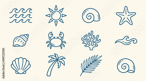 Beach summer element pack, minimalist line style, crashing waves, radiant sun, spiral seashells, sea star, crab, and