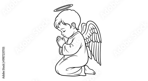Little Angel Praying Child Vector Illustration, Cute Cherub Kneeling with Halo and Wings, Religious Line Art Graphic for Baptism or Spiritual Design Projects