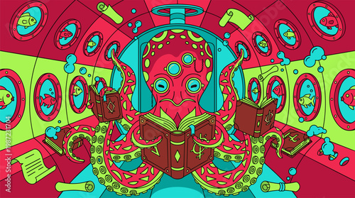 Octopus Librarian Reading In Submarine Cockpit Pop Surrealism Flat Illustration With Bold Outlines