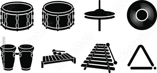 Percussion musical instruments silhouette vector icon set featuring snare drum cymbal vinyl record conga xylophone marimba and triangle isolated on white background