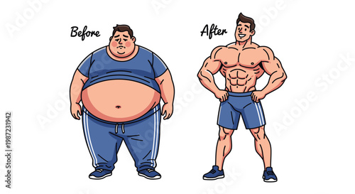 Man Weight Loss Transformation Before and After Vector Illustration Showing Fat to Fit Body Progress Comparison for Healthy Lifestyle Fitness Concept