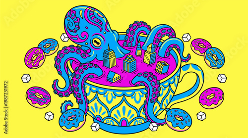 Giant Octopus Resting in Ornate Teacup with Floating City Skyscrapers, Pop Surrealism Flat Illustration with Bold Outlines