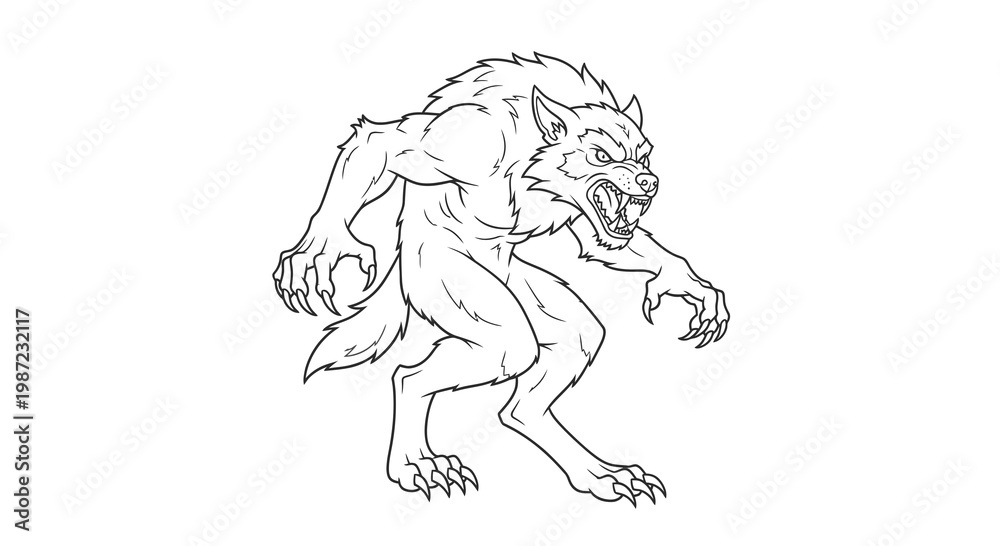 Fototapeta premium Fierce Werewolf Creature Vector Illustration, Aggressive Wolf Man Monster in Action Pose, Detailed Fantasy Beast Line Art Graphic for Horror and Halloween Design Projects