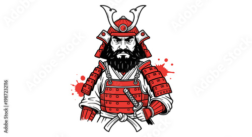 Fierce Samurai Warrior with Katana Sword Vector Illustration Featuring Traditional Red Armor and Helmet in a Bold Graphic Style for Gaming and Apparel Design
