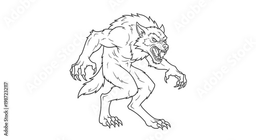 Fierce Werewolf Creature Vector Illustration, Aggressive Wolf Man Monster in Action Pose, Detailed Fantasy Beast Line Art Graphic for Horror and Halloween Design Projects