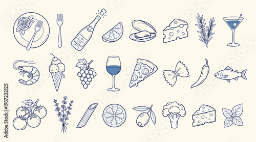 Gourmet dining culinary element pack in a whimsical sketch style, fine food, wine, italian cuisine, seafood, and herbs.