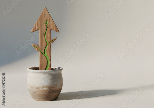 3d rendered clay teapot with a sprig of green leaves on a rustic background