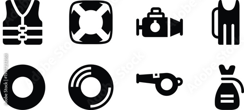Water safety and rescue equipment silhouette vector icon set featuring life jacket lifebuoy underwater camera wetsuit swim ring whistle and diving weight bag isolated on white background