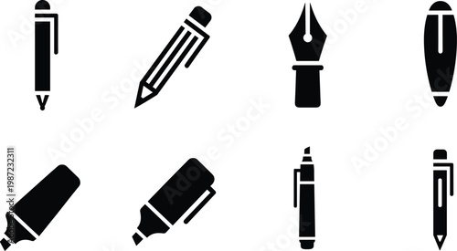 Writing tools silhouette vector icon set featuring pen pencil fountain pen marker and highlighter isolated on white background