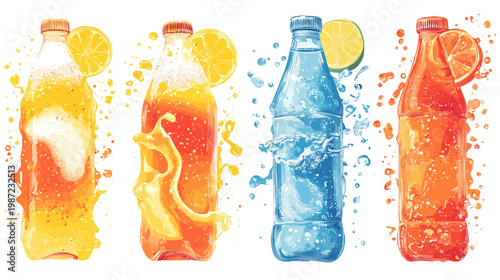 Four stylized bottles with different colored liquids, accented by fruit slices and water droplets