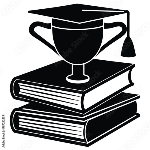 Academic achievement concept with trophy and book stack art.