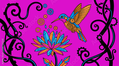 Mechanical Hummingbird With Clockwork Wings And Geometric Flower Pop Surrealism Flat Illustration With Bold Outlines