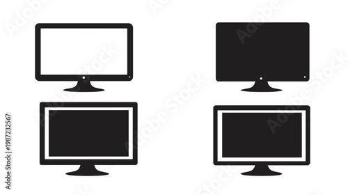 Four black and white illustrations of computer monitors with varying screen designs