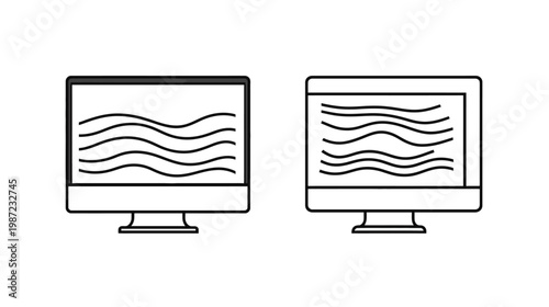 Two minimalistic computer monitors side by side, both displaying wavy black lines on a white screen