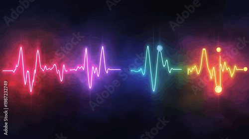 Vivid, stylized visualization of four pulse-like wave patterns with gradient-colored backgrounds
