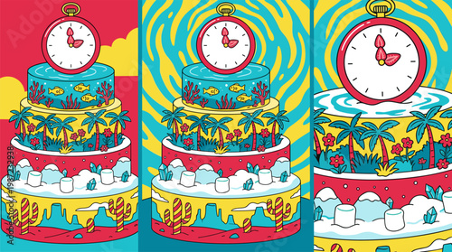 Surreal Multi Tiered Landscape Cake with Candy Cactus and Pocket Watch, Pop Surrealism Flat Illustration with Bold Outlines