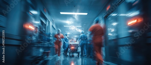 Urgent Sci-Fi Medical Team Rushes Patient Through Dynamic Blue-Lit Futuristic Corridor with Motion Blur.