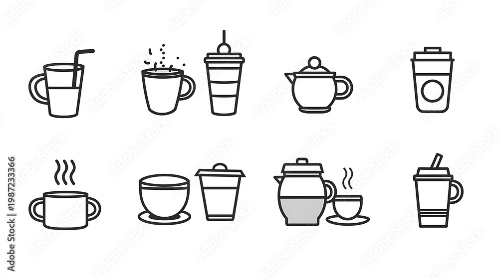 Obraz premium Minimalist line art coffee and tea icon set for cafe menu design and UI web layouts.
