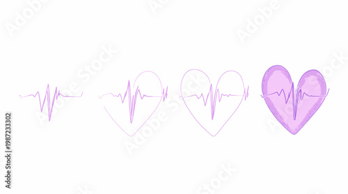Four stylized heart graphics with evolving heartbeat lines and shading in shades of violet