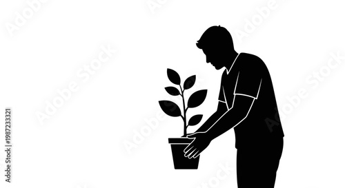 Man holding a potted plant silhouette.
