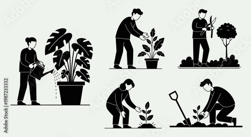Black silhouette illustrations of people gardening.