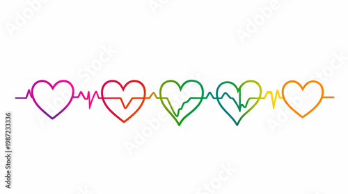 A colorful electrocardiogram design featuring five hearts with varying patterns and gradients, on a white background