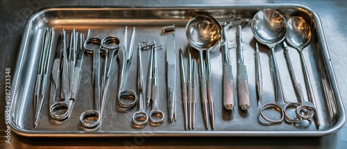 Gleaming Stainless Steel Medical  Lab Instruments, Forceps, Spoons,  Scissors Neatly Arranged on a Sterile Metal Tray.