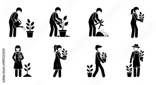 Black silhouettes of people gardening together.