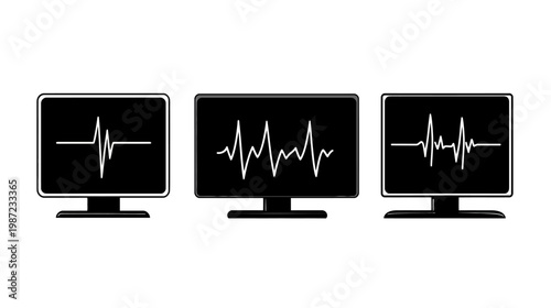 Three stylized monitors showing a waveform display, illustrating a medical or technical concept