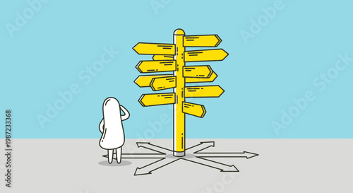 A cartoon character stands at a crossroads.