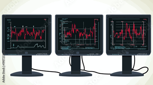 Three dark computer monitors display fluctuating red graphs on a black background, connected with cables
