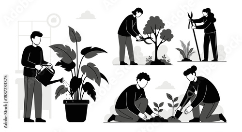 People engaging in gardening activities.