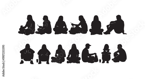 Various people in silhouette sitting on floor in relaxed poses, enjoying leisure time or informal discussions.
