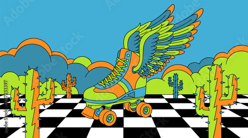 Giant Winged Roller Skate In Checkerboard Desert Pop Surrealism Flat Illustration With Bold Outlines