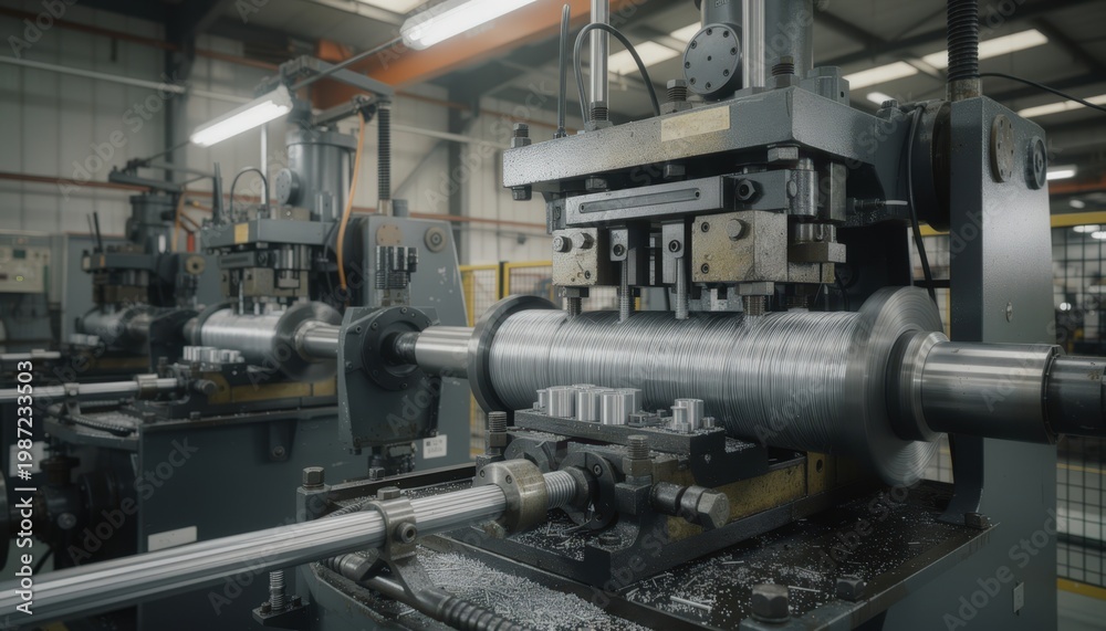 Obraz premium Dynamic medium shot capturing alloy steel wire fed into multidie heading machines forming durable bolt blanks with precision and efficiency in an industrial production line.