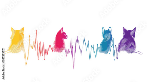 Illustration of four stylized cat silhouettes in vivid hues above a colorful heartbeat line on white