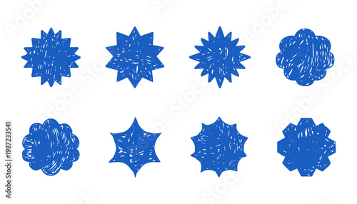 Starburst labels, price tags crayon scribble texture, discount badge set. Sale circle sticker. Wavy, scallop edge promo blank. 