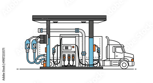 Large Truck Refueling at Gas Station.