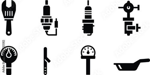 automotive tools and engine parts silhouette vector set featuring wrench spark plug ignition coil pressure gauge dipstick and oil pan icons isolated on white background