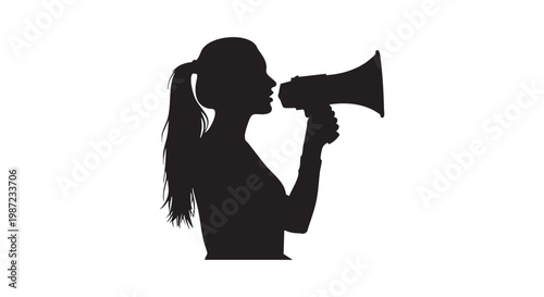 Woman megaphone silhouette concept for communication and protest themes, side view female profile with speaker on white background.