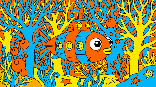 Fish Shaped Submarine Navigating Coral Forest Pop Surrealism Flat Illustration With Bold Outlines