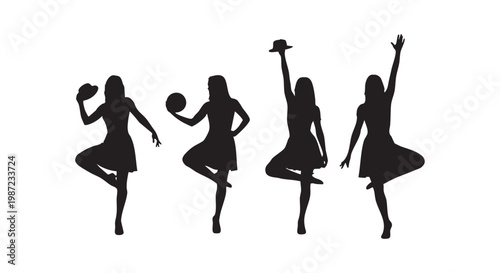 Women dancers silhouettes in motion, gracefully performing elegant ballet poses holding accessories like hats and balls.