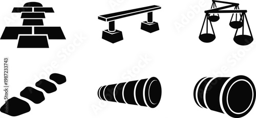 construction and industrial silhouette vector set featuring worker hard hat beam supports scales footprints pipes and tunnel icons isolated on white background